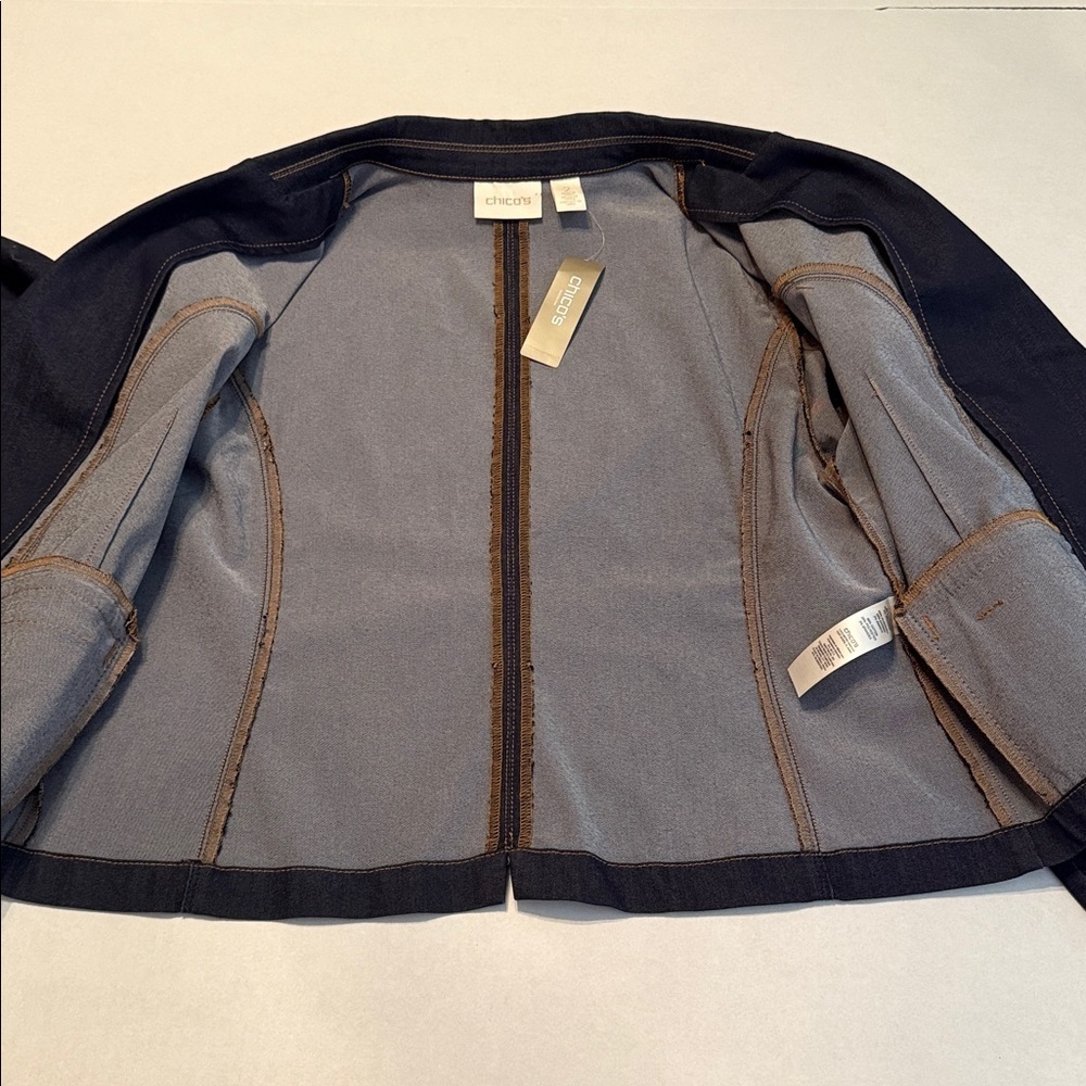 NWT Chico's Denim Blazer in Navy Cedar Rinse Long Sleeve Button Front Size Large - Picture 7 of 13